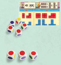 Opmerking: De speler mag een gevelblok kiezen met minder vierkanten dan dat er dobbelstenen van deze kleur