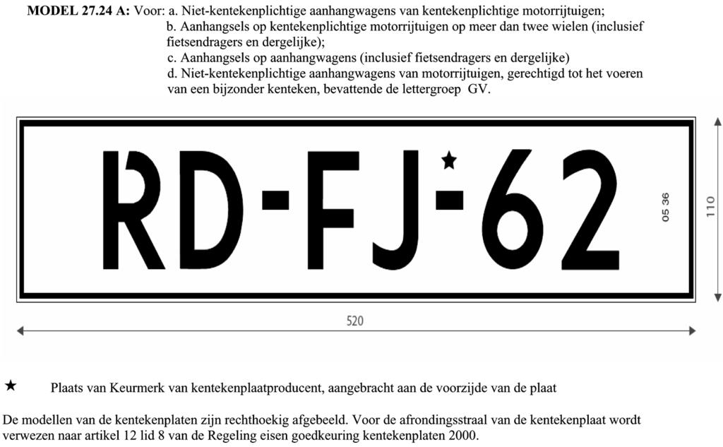 Artikel III De bijlage bij de Regeling kentekens en kentekenplaten 3 wordt als volgt gewijzigd: 1. Model 27.24A wordt vervangen door het model opgenomen in bijlage I bij 2. Model 27.24B wordt vervangen door het model opgenomen in bijlage II bij 3.