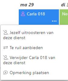 Verwijder nu jezelf: klik met de muis op de drie puntjes en daarna op Verwijder [jouw naam en nummer, hier Carla 018] van deze dienst. En daarna: klik op Afmelden.