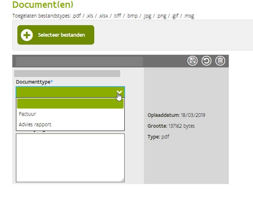 U dient dus minstens 2 documenten op te laden: de factuur onder documenttype factuur, en de gegeven adviezen onder Advies rapport. Toegelaten bestandstypes:.pdf /.xls /.xlsx /.tiff /.bmp /.jpg /.