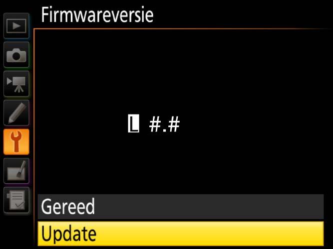 6 De firmwareversie die de camera gebruikt, wordt weergegeven. Markeer Update en druk op OK. 7 Een dialoogvenster voor het updaten van de firmware wordt weergegeven. Selecteer Ja.
