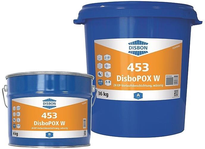 DisboPOX W 453 2K-EP-Verlaufsbeschichtung Met water te verdunnen, zelfvloeiende en dampdoorlatende epoxyvloercoating die hoog mechanisch wordt belast. Twee componenten (2K).