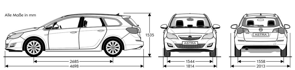 Technische specificaties Opel Astra Business+ 4-deurs 5-deurs Sports Tourer BUITENAFMETINGEN in mm Lengte 4.658 4.419 4.698 Breedte met uitgeklapte / ingeklapte buitenspiegels 2.013 / 1.