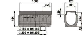 Lijngoot type 010 met GG-Bloc, mazenrooster 15/25, zwart, bevestigd met 8 schroeven