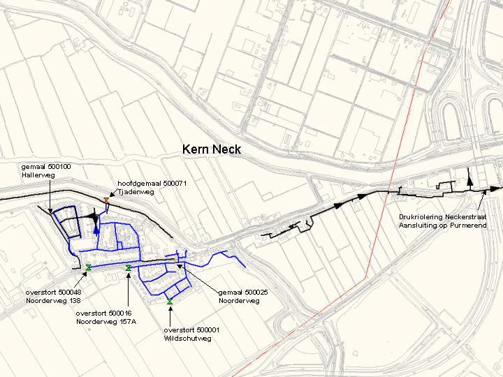 figuur 4-5 Overzicht riolering kern Neck De diverse rioleringsgebieden zijn opgebouwd uit verschillende rioolstelsels.