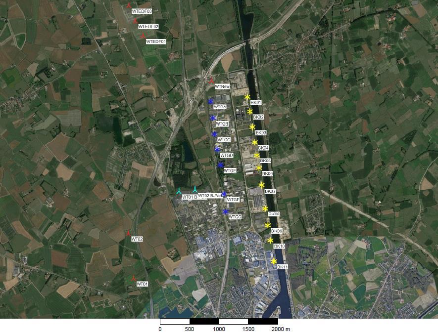 Windenergieproject Brugge A11 - Verzoek tot Ontheffing van Project-MER Pagina 12 van 99 - De 7 windturbines aangeduid met het blauwe symbool, zijn de turbines ten westen van de Pathoekeweg die in