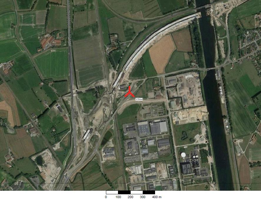 Windenergieproject Brugge A11 - Verzoek tot Ontheffing van Project-MER Pagina 14 van 99 Figuur 4 : Aanduiding van de inplanting van de turbine op een luchtfoto (Bron : Google Earth) De afstand tot de