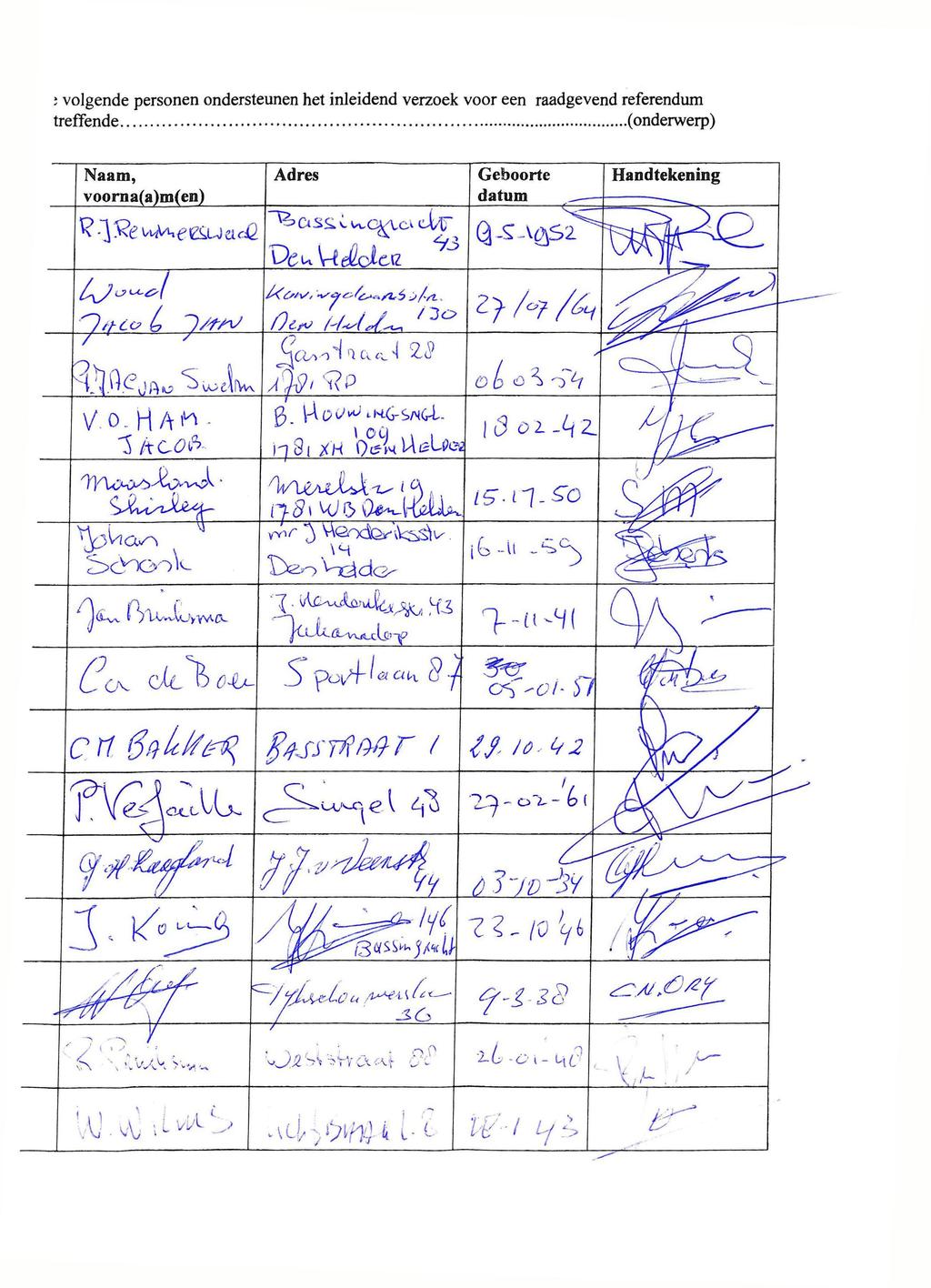 ; volgende personen ondersteunen het inleidend verzoek voor een raadgevend referendum treffende (onderwerp) voorna(a)m(en) 'léttv L