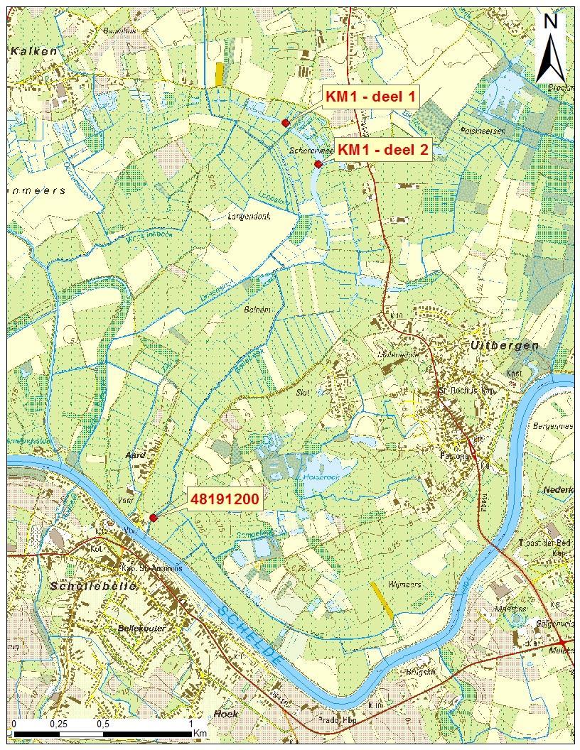 Figuur 1 Bemonsterde T1 locaties 48191200 (Bellebeek), KM1 deel 1 en deel 2 (Scherenmeersen) in de Cluster Kalkense Meersen in 2018.