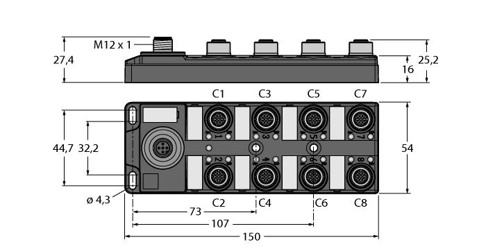 TBIL-M1-16DXP 6814102 16-kanalige I/O-hub voor de aansluiting van 16 digitale PNP signalen (in-/uitgang per kanaal vrij selecteerbaar) op een IO- Link