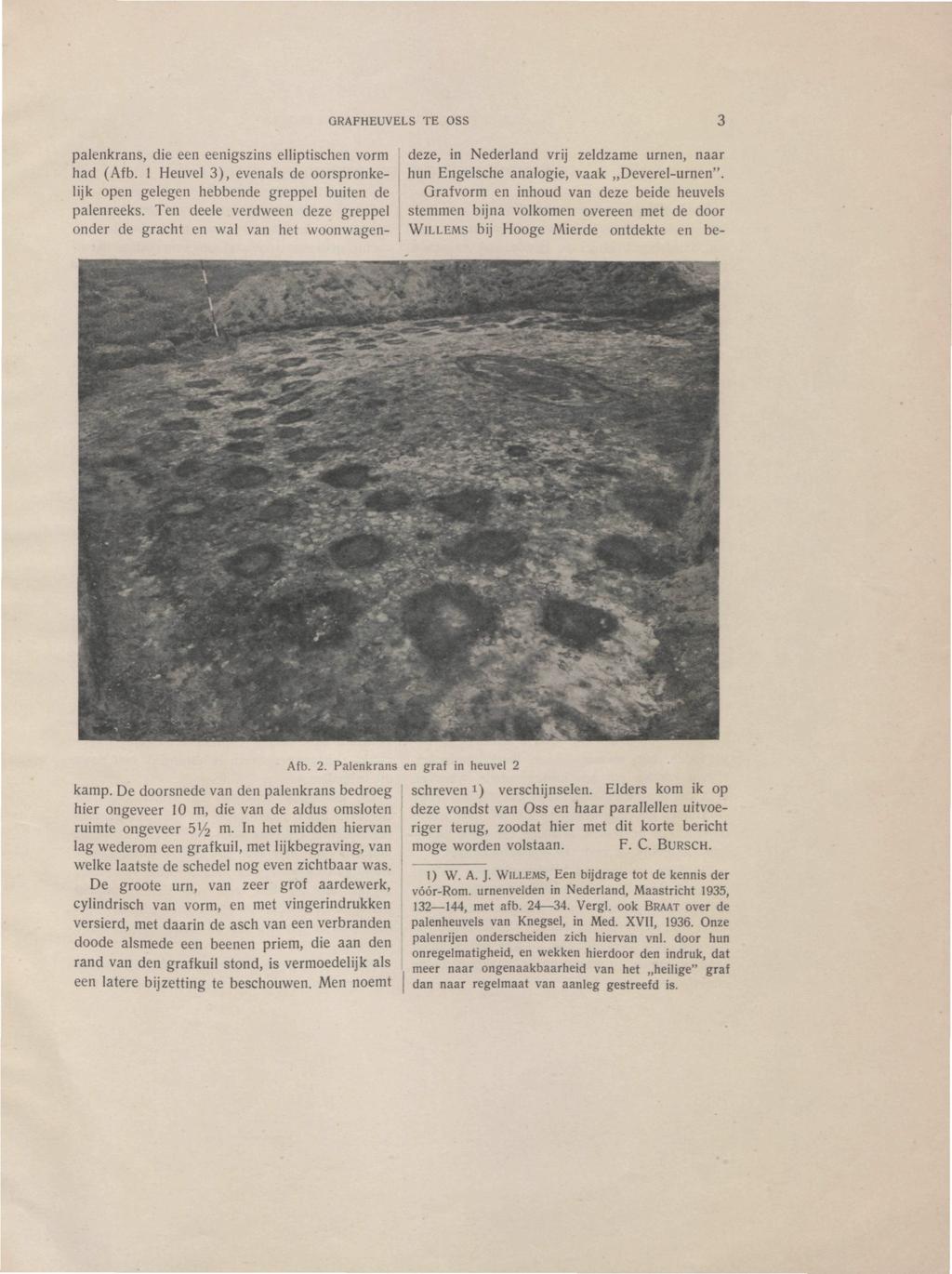 ORAFHEUVELS TE OSS palenkrans, die een eenigszins elliptischen vorm had (Afb. 1 Heuvel 3), evenals de oorspronkelijk open gelegen hebbende greppel buiten de palenreeks.