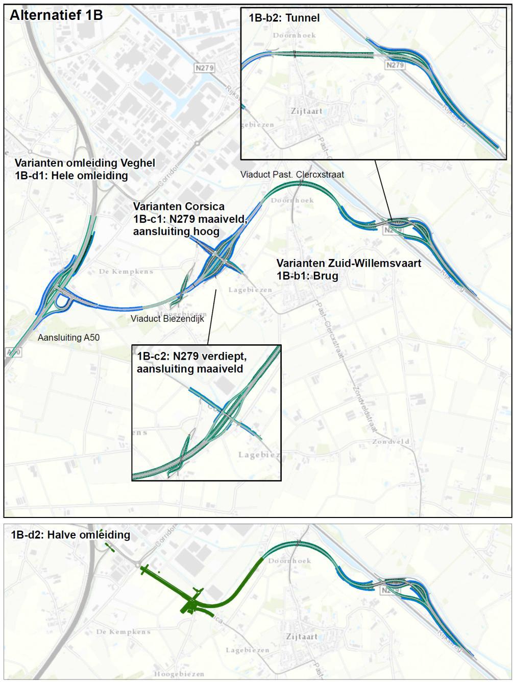 Voor het tracéalternatief omleiding Veghel geldt dat er varianten zijn voor de kruising met de Zuid- Willemsvaart, de aansluiting met de Corsica, en de tracering van de omleiding en aansluiting op de