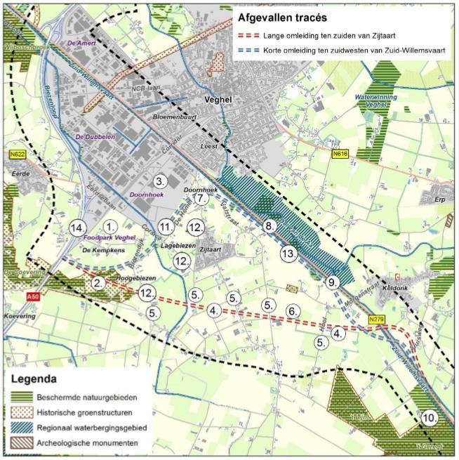 Figuur B-4 Afgevallen tracés omleiding Veghel OMLEIDING HELMOND Het zoekgebied voor de omleiding Helmond is ingeperkt op basis van de aanwezige bebouwing, natuurwaarden, watergangen en