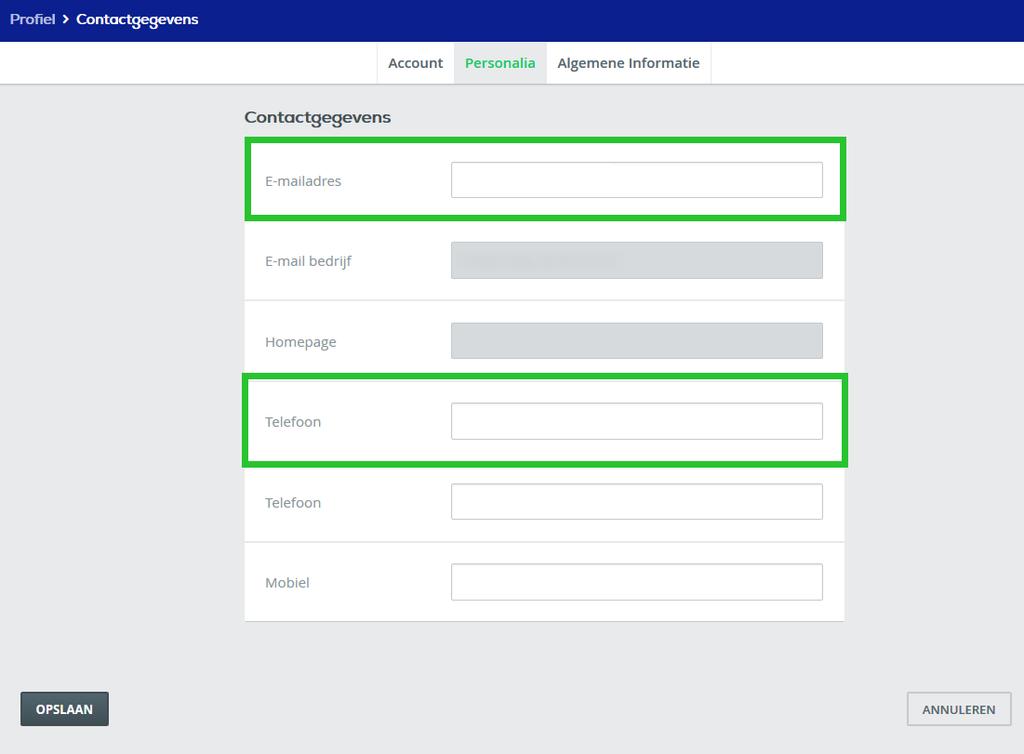 U kunt alleen uw email-adres en telefoonnummer