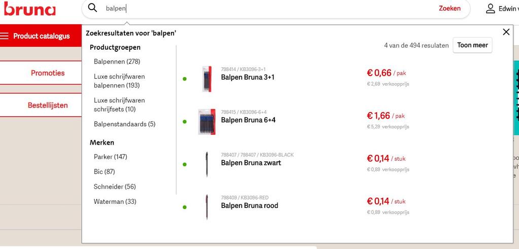 3.2 Zoekbalk Naast het zoeken van producten op categoriegroep, kunt u ook zoeken via de zoekbalk. De zoekbalk vindt u ook op de startpagina, onder de categoriegroepen. In deze zoekbalk kunt u o.a. zoeken op: - Omschrijving - Artikelnummer - Categorie - Merk - EAN-code - OEM-code U kunt in dit veld ook een handscanner gebruiken.