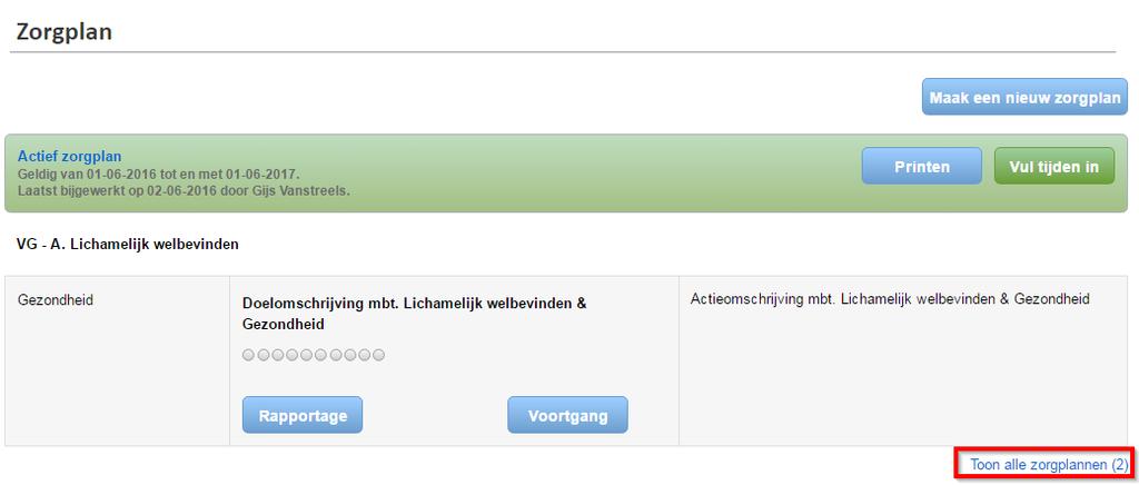 Het zojuist aangemaakte zorgplan is nu het actieve zorgplan.