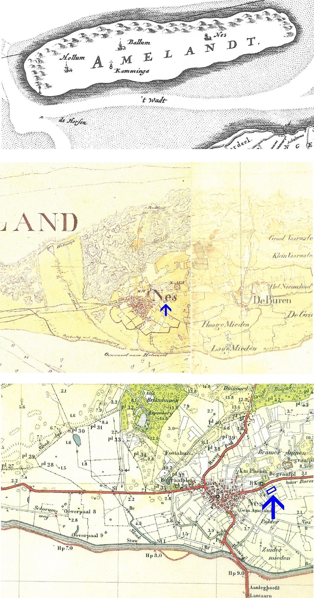 Figuur 5: Nes, Lege Miedeweg: details van historische kaarten (verschaald en naar het noorden gericht).