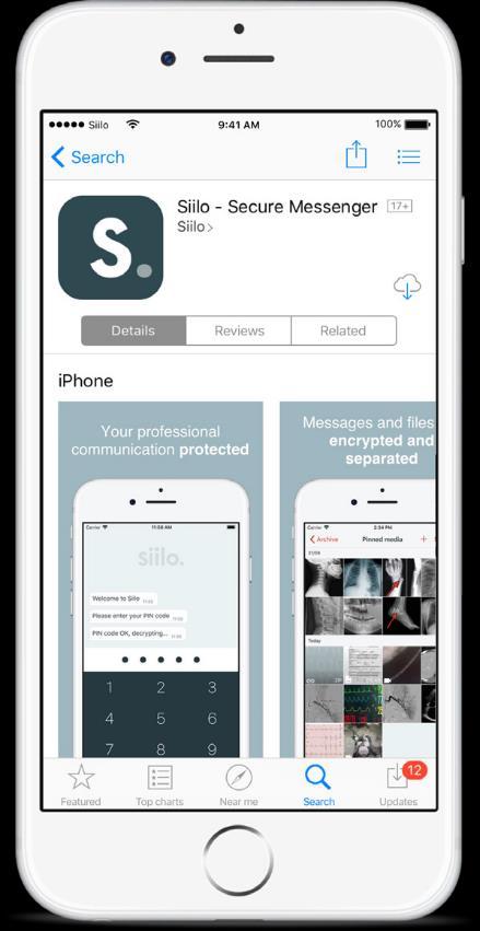 Installatie Overzicht Download de Siilo Messenger vanuit de App store Doorloop de registratie Geef toestemming om push notificaties te ontvangen en geef toegang tot uw contacten voor