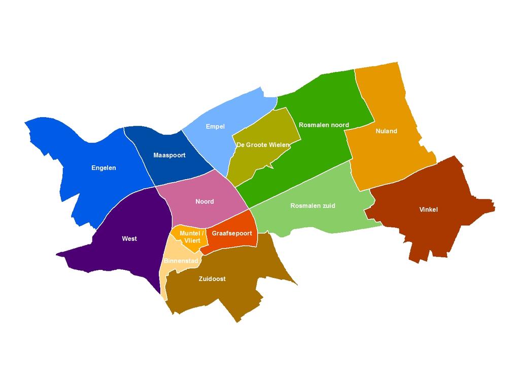 Wijkindeling 's-hertogenbosch Wijkgegevens (1-1-2016) 1. Binnenstad 2. Zuidoost 3. Graafsepoort 4. Muntel/Vliert 5. Rosmalen zuid 6. Rosmalen noord 7. De Groote Wielen 8. Empel 9. Noord 10.