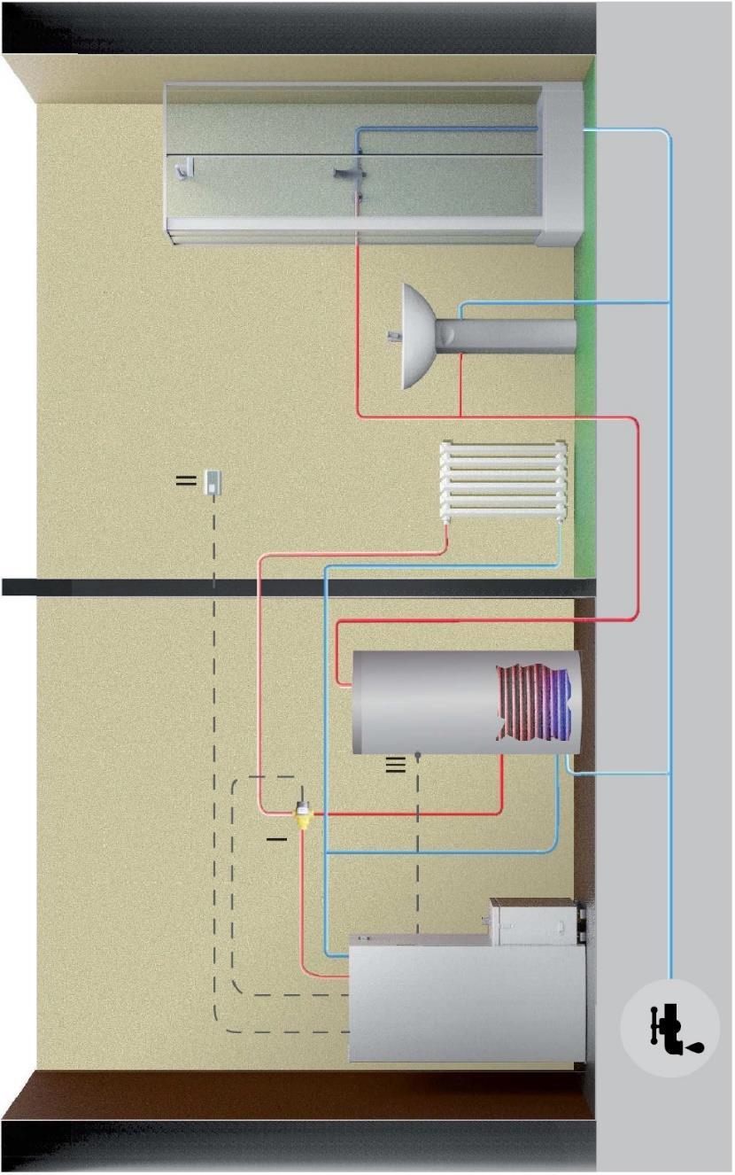 Schema 01: Moederhaard is verbonden met een boiler en het verwarmingsstelsel. De moederhaard wordt uitgeschakeld wanneer aan het contact (thermostaat) is voldaan.