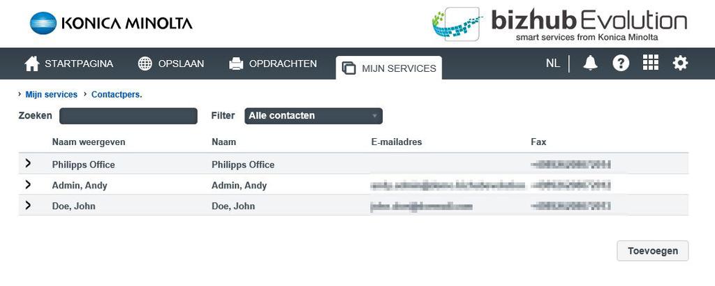 Contacten ( Fax - en E-POST -service) In dit gebied vindt u uw contactpersonen die toegang hebben gehad bij het verzenden