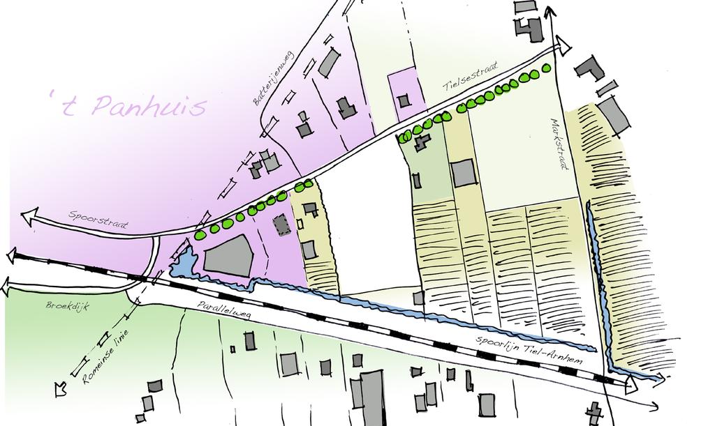 Ligging in landschap - Natuurlijke begrenzing driehoekgebied: Spoorlijn-Tielsestraat-Markstraat - Overgangsgebied van bedrijventerrein t Panhuis - Productielandschap boomkwekerijen - Overgangsgebied