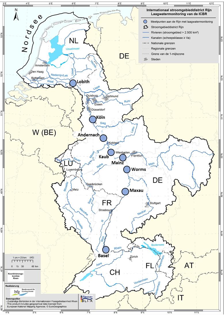 4. Operationele laagwatermonitoring Het UNDINE-platform voor de ICBR-laagwatermonitoring aan de Rijn geeft in de integrale kaartviewer een direct overzicht van de actuele laagwatersituatie aan de