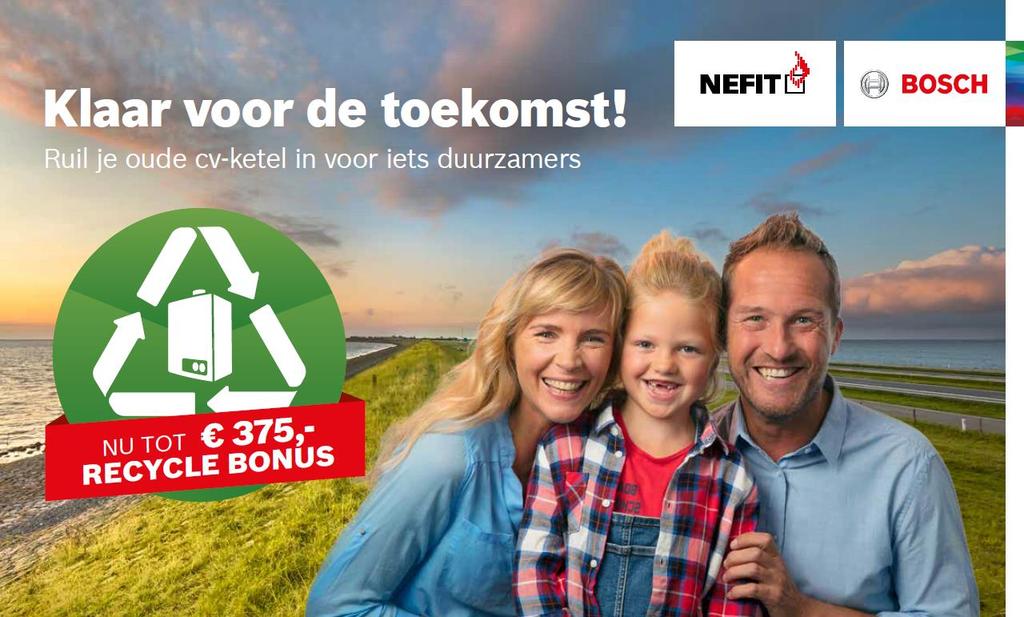 Koop of huur je een Nefit-actieproduct dan ontvang je bij inruil van je oude cvketel een Recycle Bonus van Nefit Bosch.