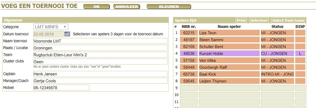 Selecteer nu de spelers door op het vakje achter het nummer te klikken.