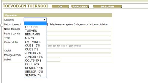 Datum toernooi: met behulp van de kalender kies je de datum van het toernooi. LET OP: je kunt maximaal 3 dagen voor het toernooi de spelers invoeren.