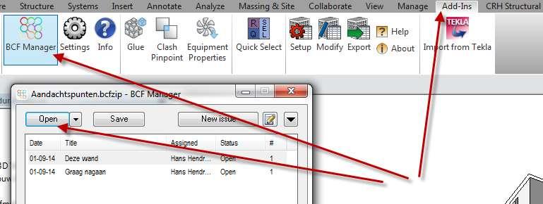 BCF gebruik in Autodesk Revit: Via een Revit add-in kunnen BCF bestanden in een Revit model worden