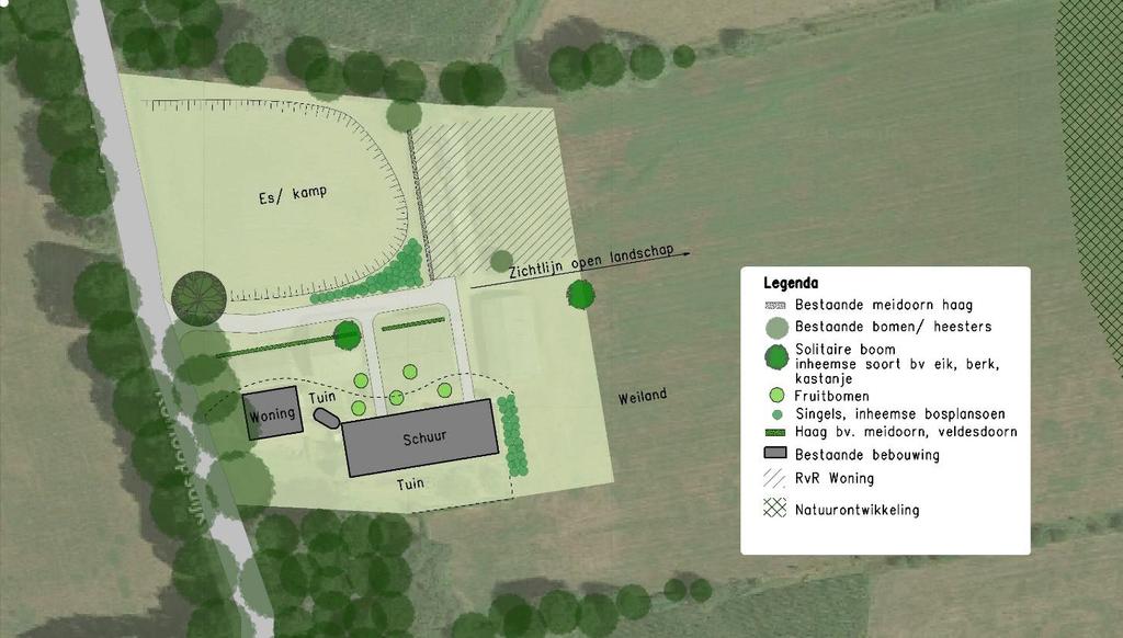 Erf: - Het erf moet één geheel vormen en zich als een eenheid in het landschap presenteren; - op het erf in een es aanwezig ; - het erf zal een zekere verspreiding van hoofdgebouw en bijgebouwen