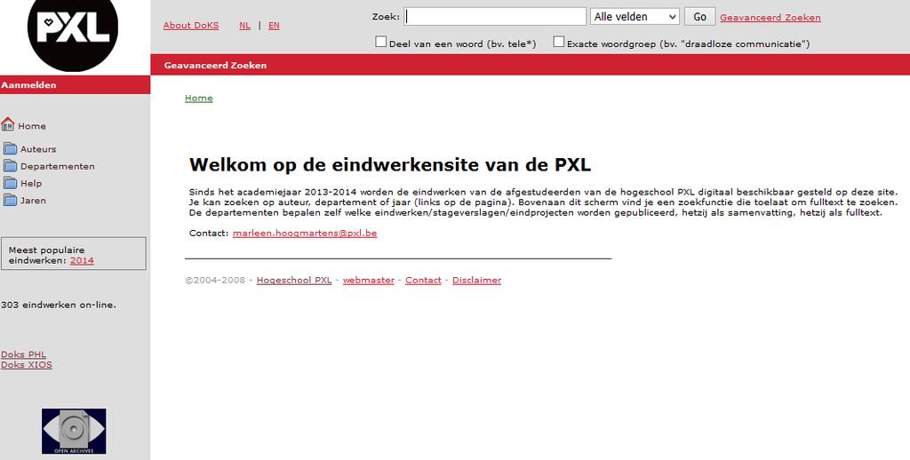 DoKS (Document and knowledge sharing application) webplatform voor beheer en publicatie van afstudeerprojecten in België.