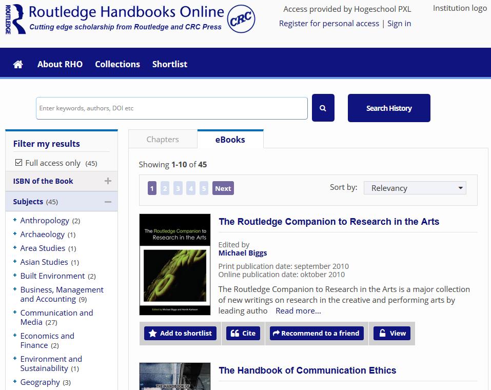 Routledge Handboekencollectie voor het domein Communication and Media Vink eerst Full access only aan Communication & Mass Media Complete databank met artikels