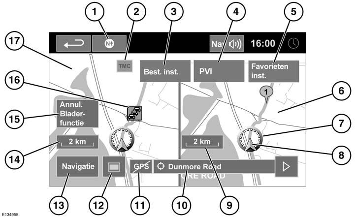 Navigatiesysteem GEDEELD KAARTSCHERM 1. Noorden boven 2. TMC (Traffic Message Channel)-signaal. Zonder diagonale streep: er wordt een signaal ontvangen.