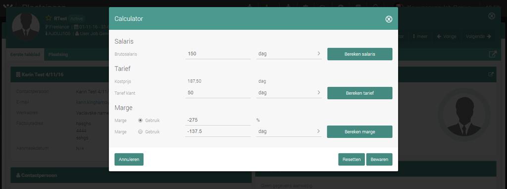 Deze vindt u bovenin uw scherm in de groene balk onder de knop Calculator. Hier kunt u het brutosalaris, het tarief en de marge invullen.