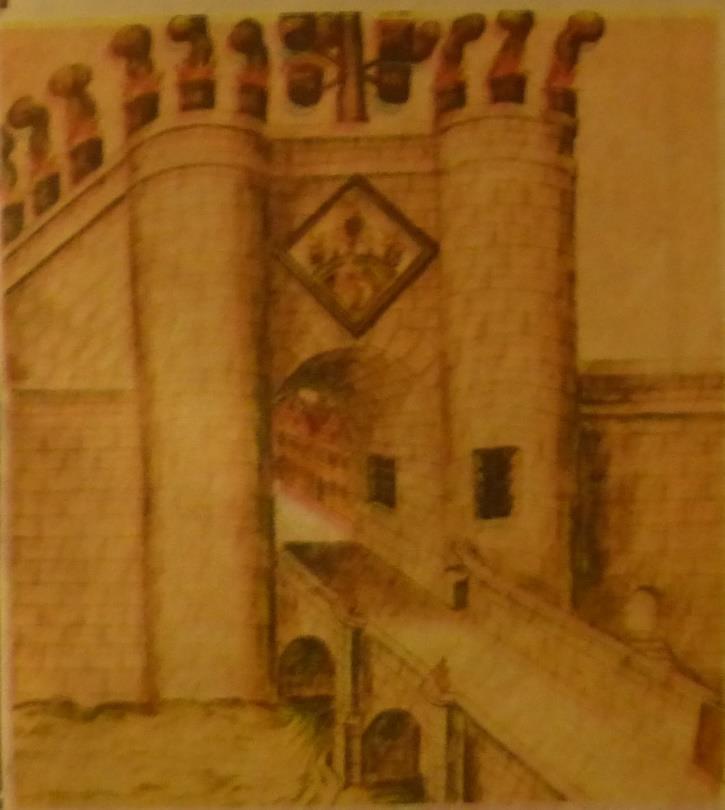 De fundering van de oude St Jorispoort uit de 13 de eeuw en rechts een afbeelding van de toren, poort en de St jorisbrug over de Leie die afgebroken werd eind 16 de eeuw.