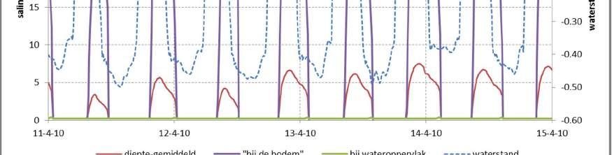 afsluiter aan de IJsselmeerzijde (Variant F). Boven: tijdserie; Onder: verticale profielen gedurende twee getijcycli 4.2.