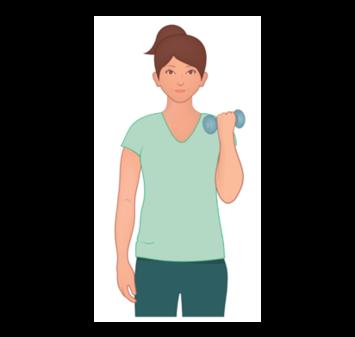 4. Versterken bovenarmen (biceps, triceps) a. Biceps: ga met uw arm tegen uw lichaam aan staan en houd met een licht (maximaal 3 kilo!) gewicht of flesje water uw handpalm naar binnen gericht.