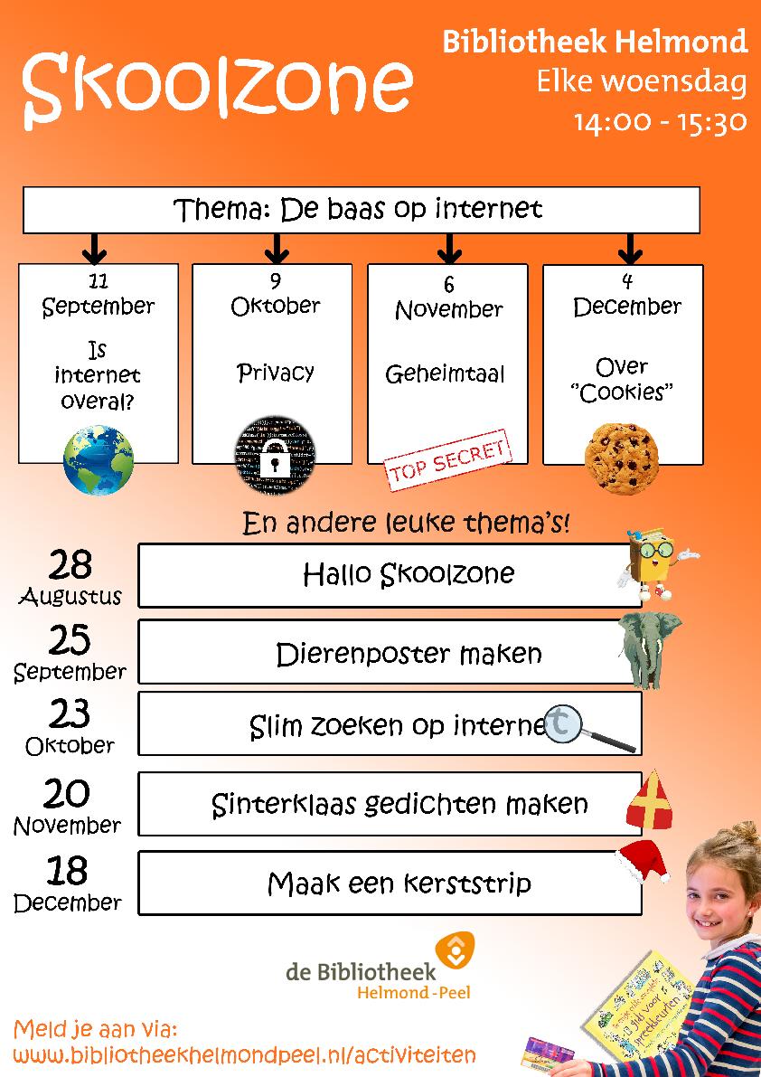 Vanaf deze week start Skoolzone weer. Skoolzone: een digitale werkplek in de bibliotheek. Elke woensdagmiddag kunnen kinderen hier terecht voor vragen over hun werkstuk, boekbespreking of spreekbeurt.