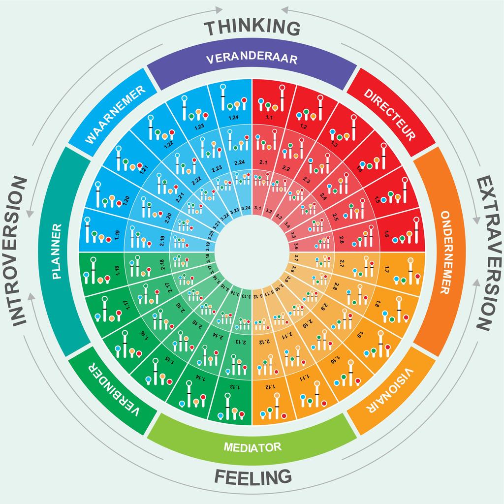 13 Bridge Colour Wheel: 72 voorkeuren Door de voorkeuren Thinking en Feeling te verbinden met Extraversie en Introversie ontstaan acht voorkeurstypen in het kleurenwiel.