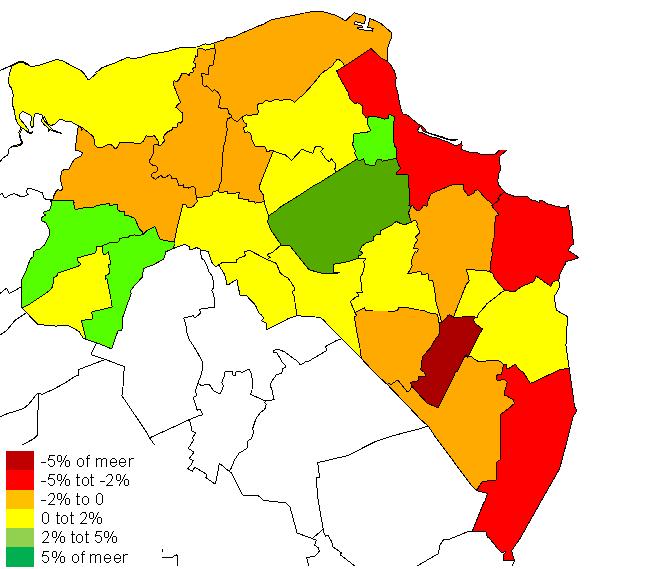 Kaart 1: Ontwikkeling werkgelegenheid naar gemeente, 2009 Ontwikkeling 2005-2009 Over