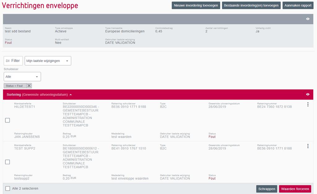 2.3. Lijst actieve enveloppen : status Een enveloppe kan volgende statussen hebben Exporteerbaar: De status Exporteerbaar laat toe om de enveloppe te verzenden (Wanneer de context van de enveloppe op