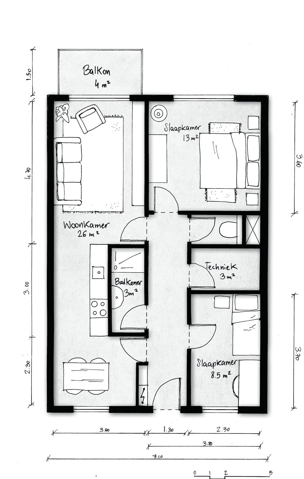 3 kamer appartement Huurprijs indicatie: 607,50-650,- (prijspeil 2019). De appartementen in de U-blokken zijn één meter minder diep.