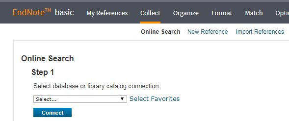 Online search Ga in Endnote via het tabblad Collect naar Online search. Bij stap 1 geef je aan in welke databank je wilt zoeken.