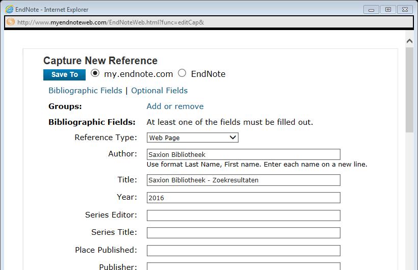 Referenties importeren van websites via de Capture knop Een manier om de gegevens van een website toe te voegen aan Endnote kan bij Internet Explorer met de