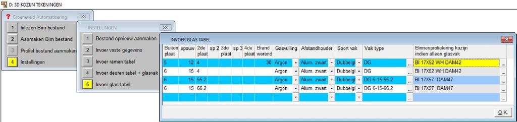 3D KOZIJN TEKENINGEN, INSTELLINGEN, INVOER GLAS TABEL Bij invoer glas tabel kan het juiste glas type opgegeven