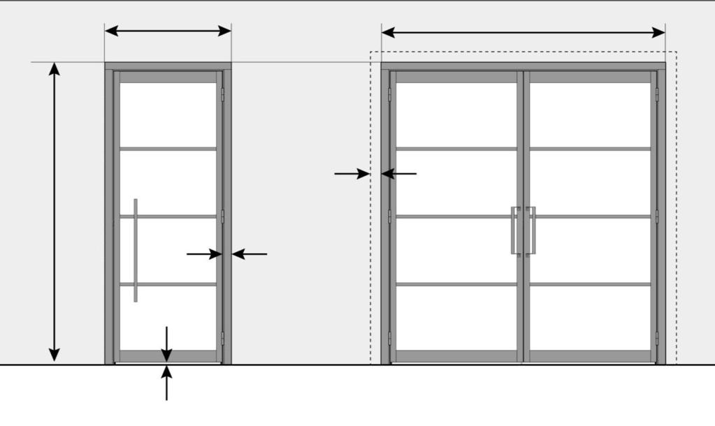 Controleer vóór installatie de maten van de wandopening en het geleverde product: B wandopening B wandopening H wandopening 61 mm +9 / -9 mm Enkele draaideur (rechts), Dubbele draaideur,