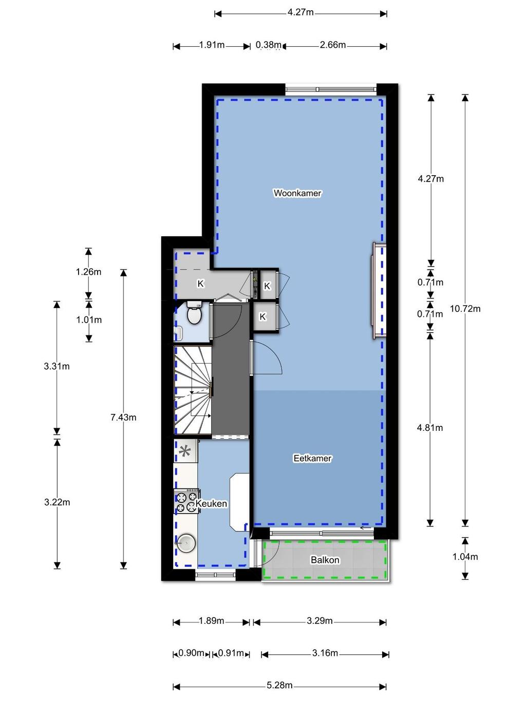 Bosboomlaan 12A, Schiedam 2ᵉ verdieping H = 2,60 m Gebruiksoppervlakte wonen 54,69 m² Gebouw gebonden buitenruimte 3,29 m² Bij het bepalen van de vloeroppervlakte en inhoud is uitgegaan van de NEN