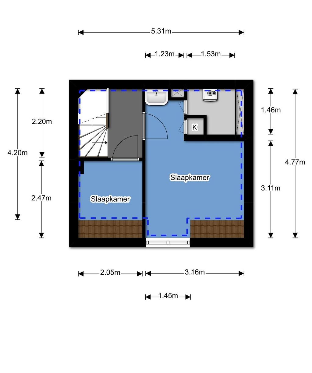 Bosboomlaan 12A, Schiedam 4ᵉ verdieping H = 2,48 m Gebruiksoppervlakte wonen 23,13 m² Gebouw gebonden buitenruimte 0,00 m² Bij het bepalen van de vloeroppervlakte en inhoud is uitgegaan van de NEN